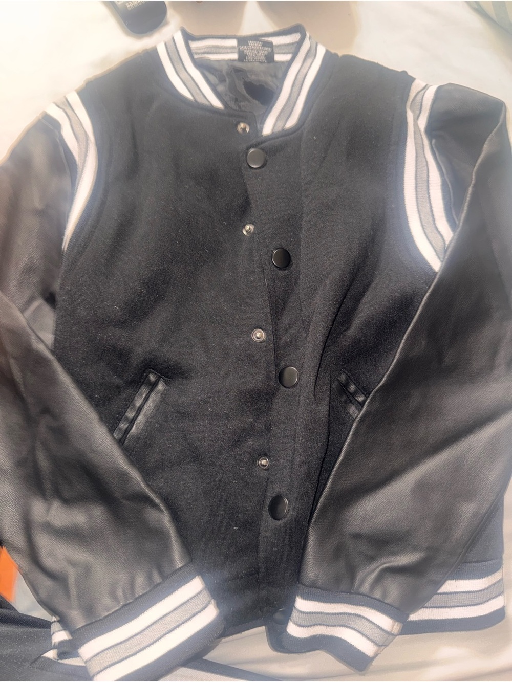 Black Varsity Bomber Jacket with Striped Trim Boys Size Small